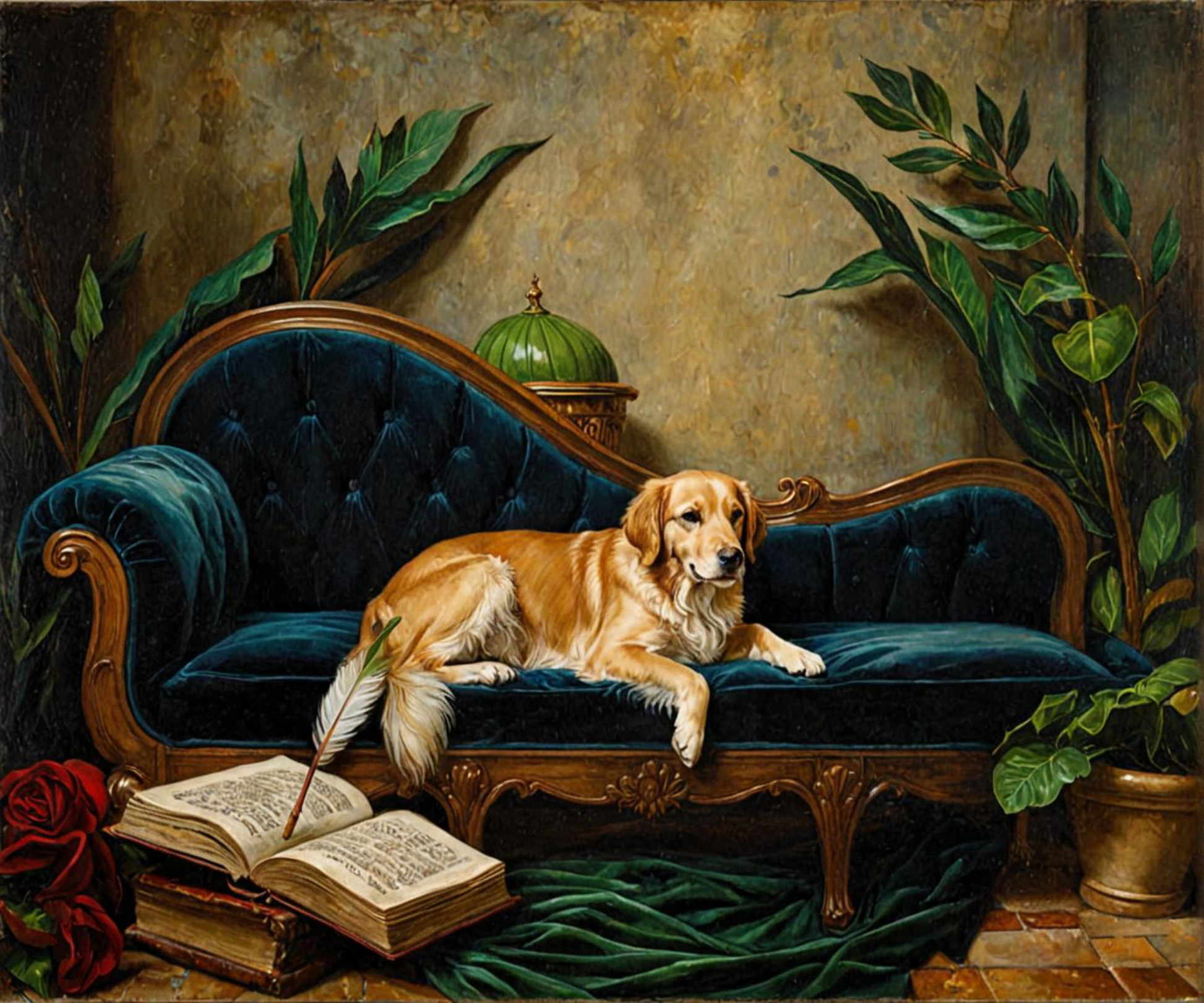 Regal Reverie luxury custom dog portrait on a velvet chaise — fine art canvas