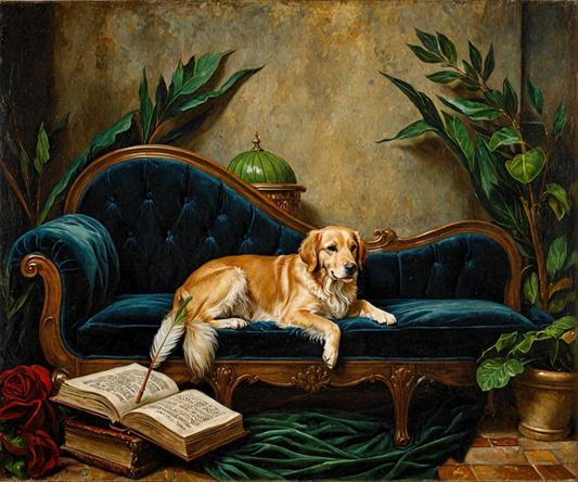 Regal Reverie luxury custom dog portrait on a velvet chaise — fine art canvas