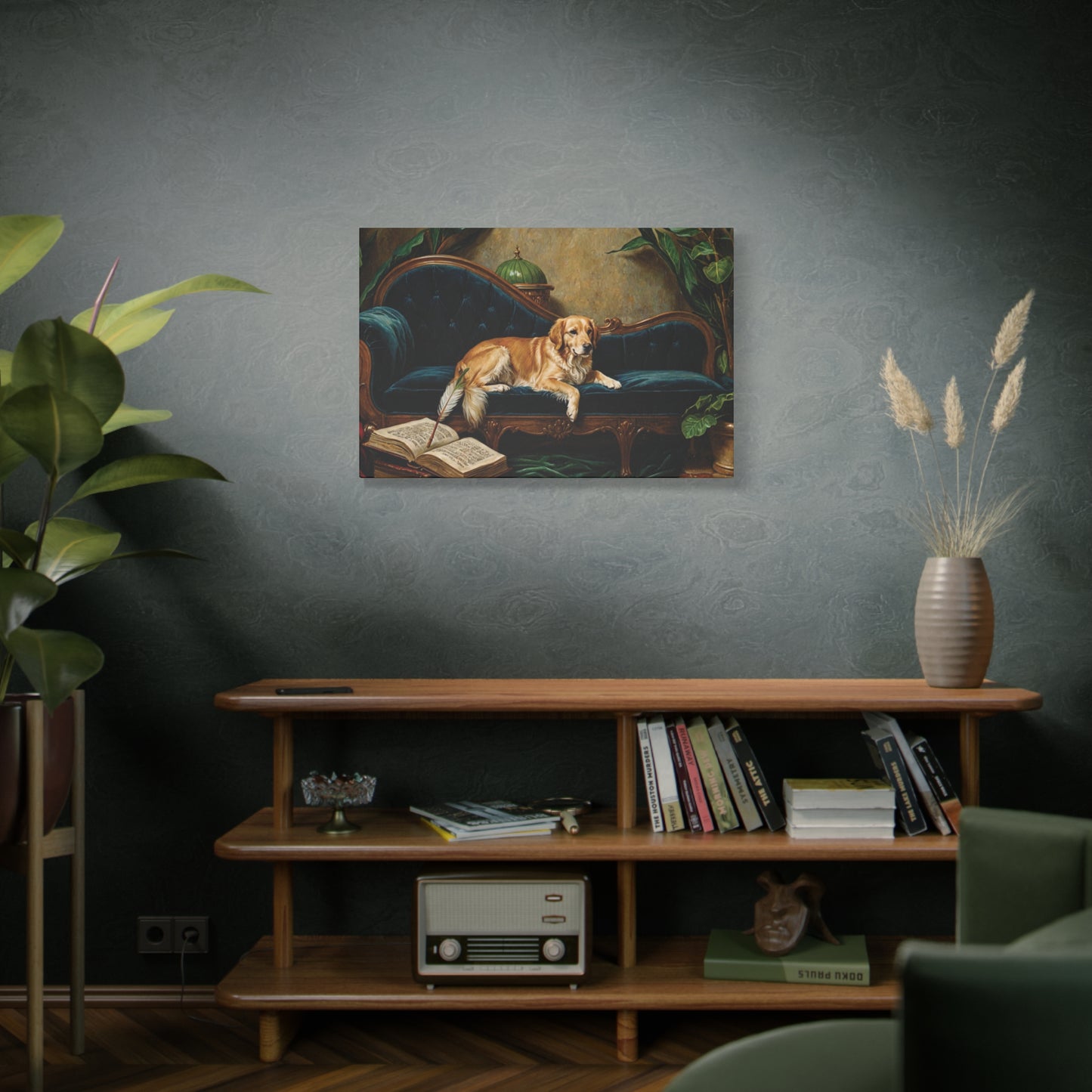 Regal Reverie luxury custom dog portrait on a velvet chaise — fine art canvas